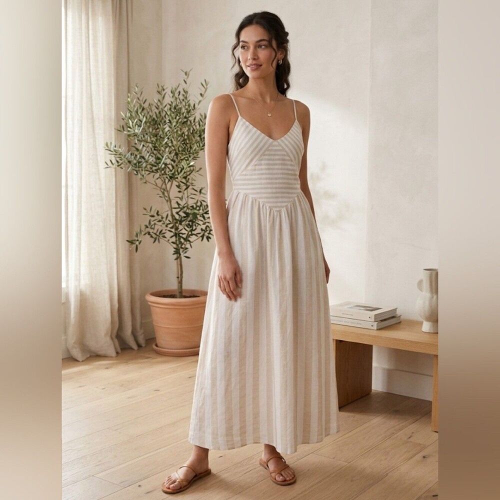 NWOT Torn by Ronny Kobo Melinda Dress Sand White Stripe Midi Linen Blend Large